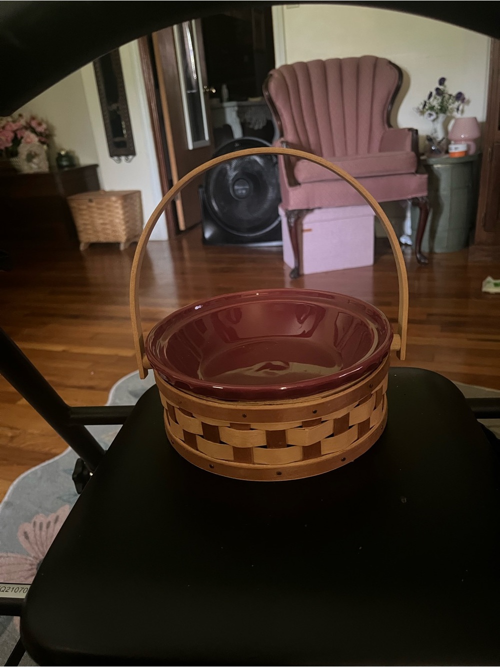 Longaberger Basket with Burgundy Pottery pie plate.